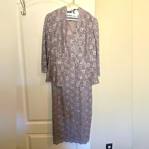 Alex Evenings formal 2 piece midi-dress and long sleeve jacket in sequin silver